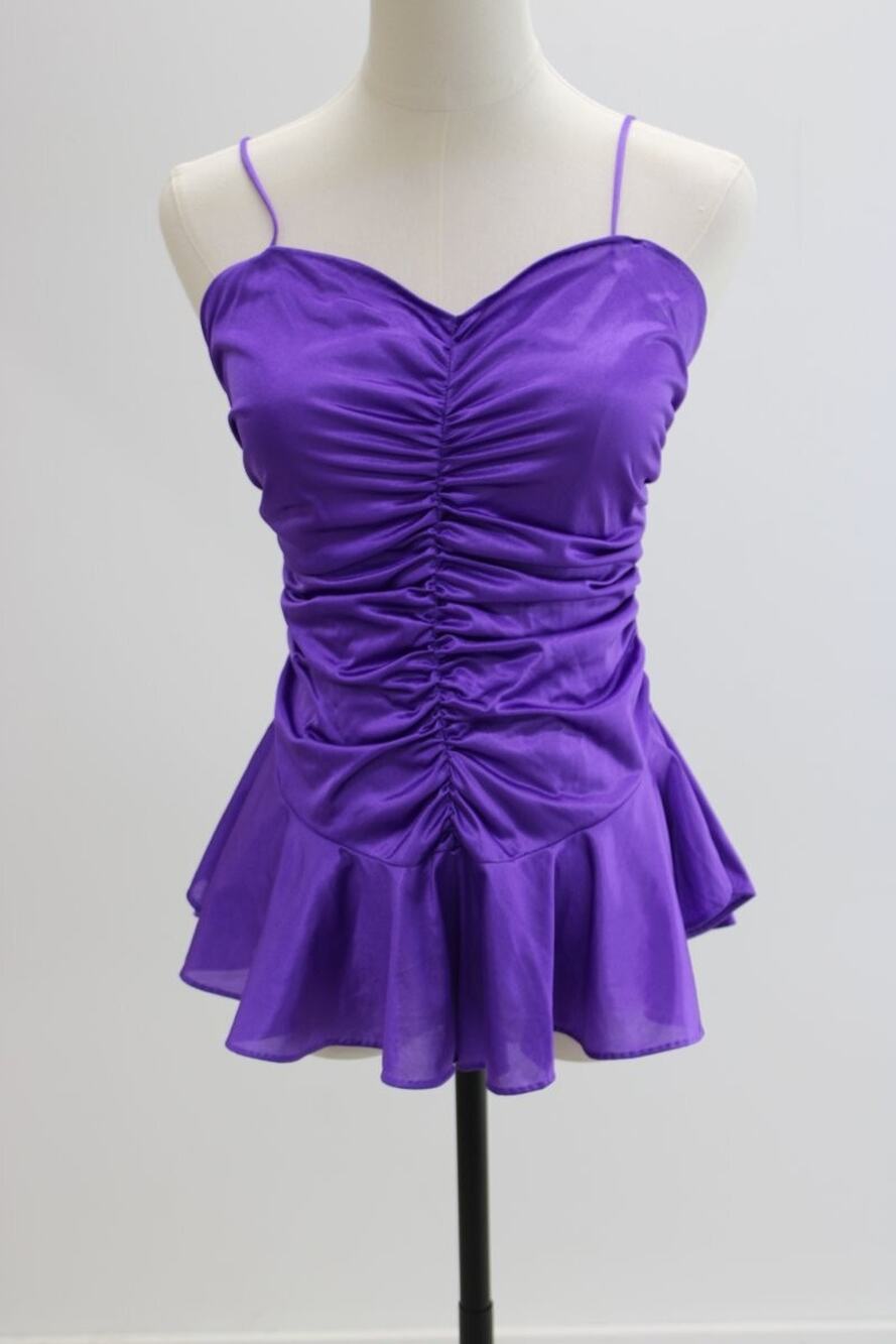 VTG Undercoverwear Teddy Small High Leg Flutter Skirt Purple Nylon Ruching USA